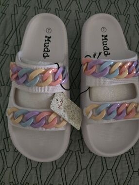 Mudd White Slide Sandals with Pastel Chain Accent